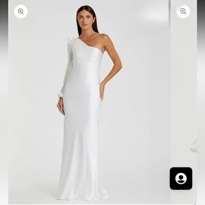Mac Duggal White One Shoulder Blouson Sleeve Gown